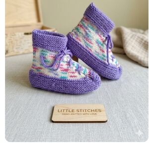 Hand-Knitted Girls’ Cozy House Boot Slippers Purple & Pastel Mix